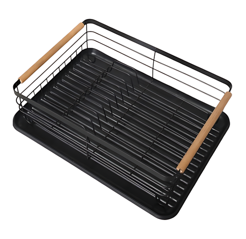 Dish Drainer Rack with Beechwood Handles – Black, Rust-Resistant
