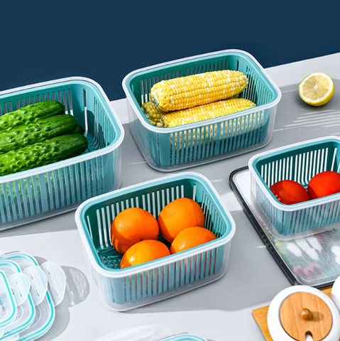 5-Piece Fridge Storage Container Set with Plastic Strainer for Fruits & Vegetables