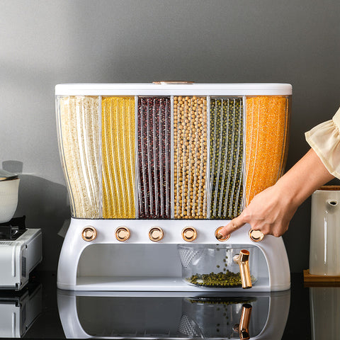 Grain Dispenser – 6 Grid Food Storage Container with Airtight Lid