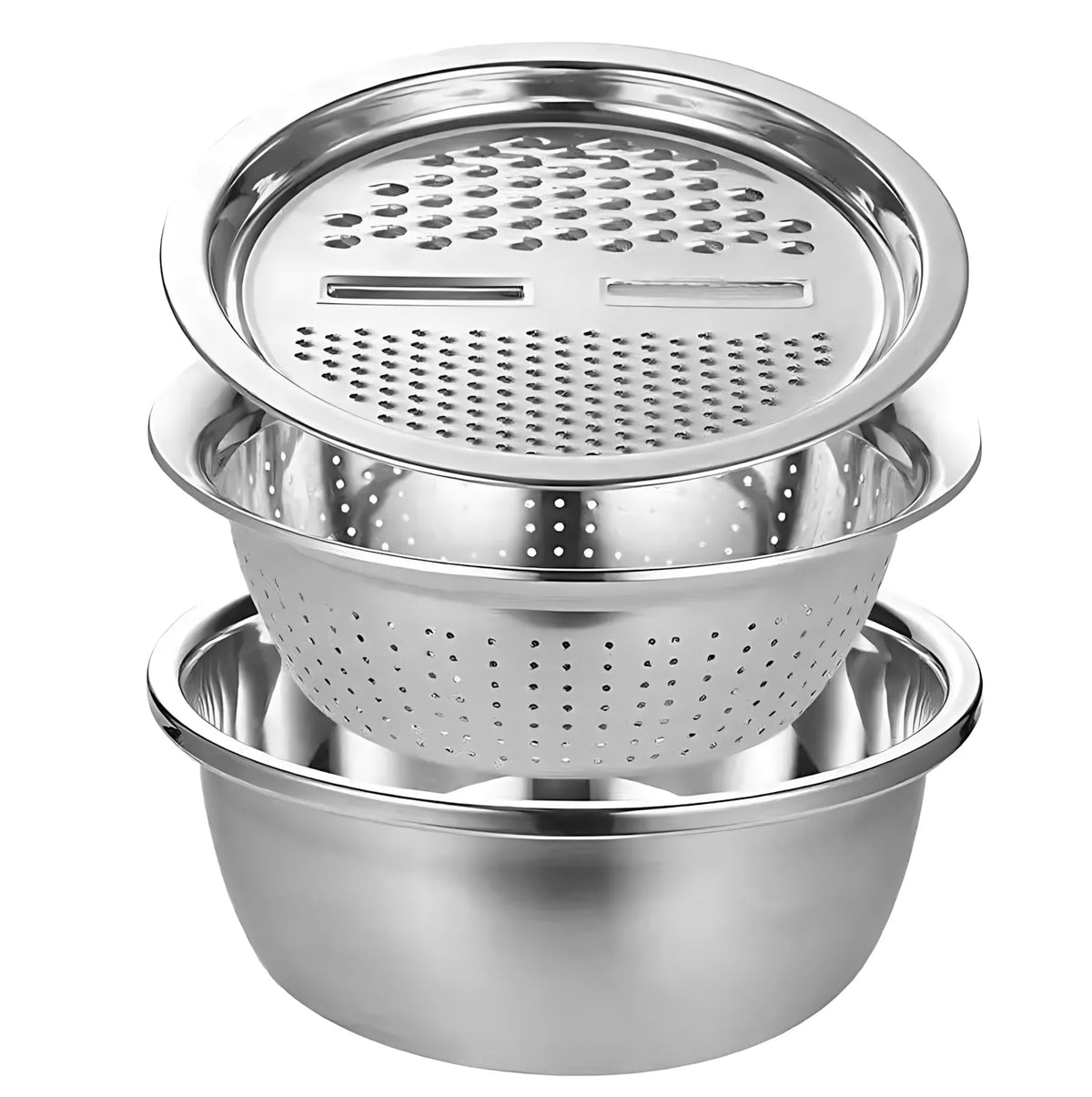 3-Piece Stainless Steel Set – Mixing Bowl, Strainer & Grater