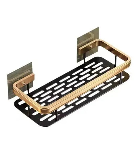 رف حمام معدني – أسود بلمسة ذهبية أنيقة (تثبيت بالمسامير أو اللاصق القوي)