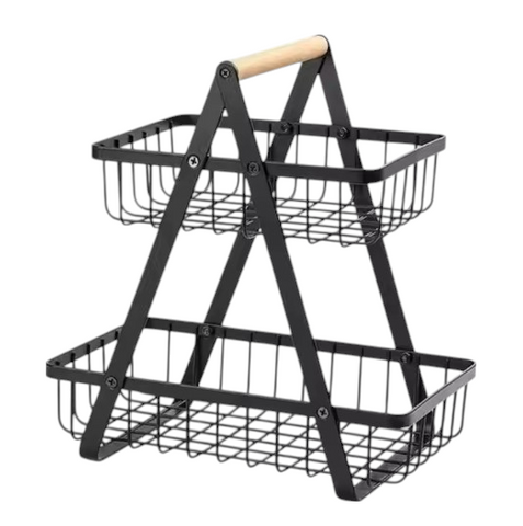 2-Tier Metal Fruit Basket with Wooden Handle – Elegant Countertop Storage