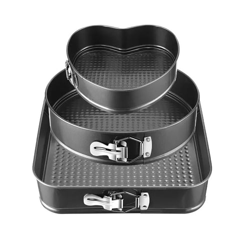 3-Piece Cake Pan Set with Removable Base – Heart, Square & Round Shapes for Perfect Baking