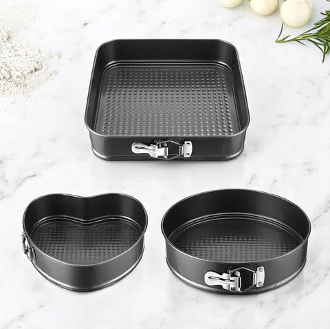 3-Piece Cake Pan Set with Removable Base – Heart, Square & Round Shapes for Perfect Baking