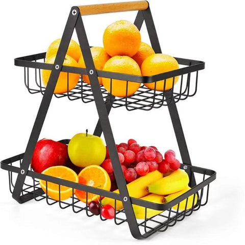 2-Tier Metal Fruit Basket with Wooden Handle – Elegant Countertop Storage