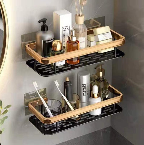 Modern Black & Gold Bathroom Wall Shelf – With Screws & Strong Adhesive Mount