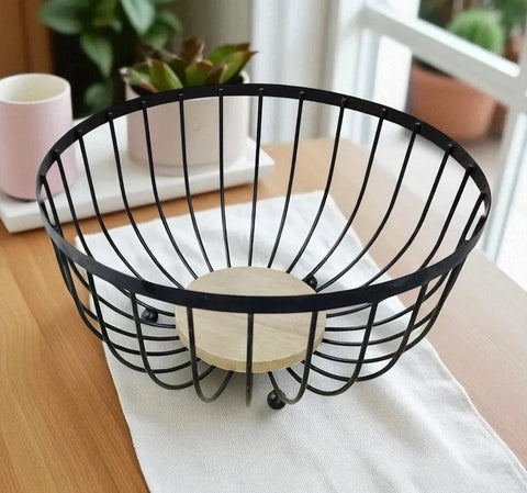 طبق فواكه معدني بقاعدة خشب – تصميم عصري أنيق