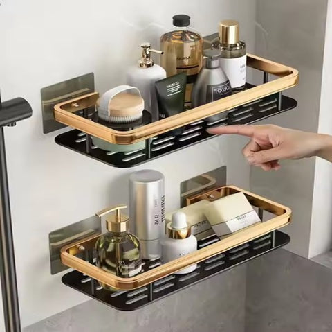 Modern Black & Gold Bathroom Wall Shelf – With Screws & Strong Adhesive Mount