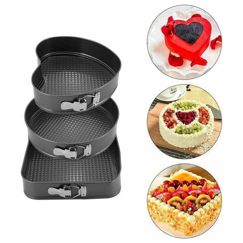 3-Piece Cake Pan Set with Removable Base – Heart, Square & Round Shapes for Perfect Baking