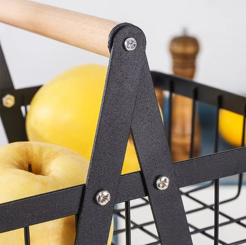 2-Tier Metal Fruit Basket with Wooden Handle – Elegant Countertop Storage