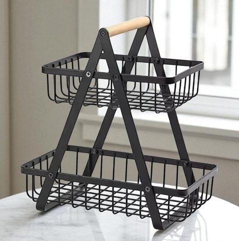 2-Tier Metal Fruit Basket with Wooden Handle – Elegant Countertop Storage