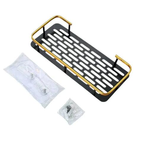 رف حمام معدني – أسود بلمسة ذهبية أنيقة (تثبيت بالمسامير أو اللاصق القوي)