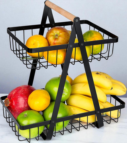 2-Tier Metal Fruit Basket with Wooden Handle – Elegant Countertop Storage