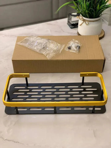 رف حمام معدني – أسود بلمسة ذهبية أنيقة (تثبيت بالمسامير أو اللاصق القوي)