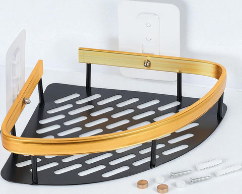Corner Modern Black & Gold Bathroom Wall Shelf – With Screws & Adhesive Mount