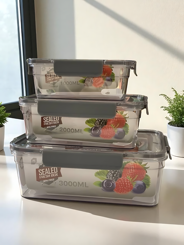 3-Piece Transparent Acrylic Food Storage Containers with Airtight Lids – 1000ml, 2000ml, 3000ml