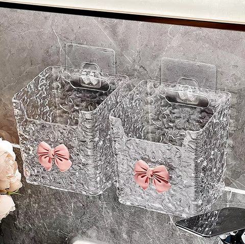 Acrylic Wall-Mounted Makeup Brush & Accessories Holder with Bow – Easy Adhesive Installation