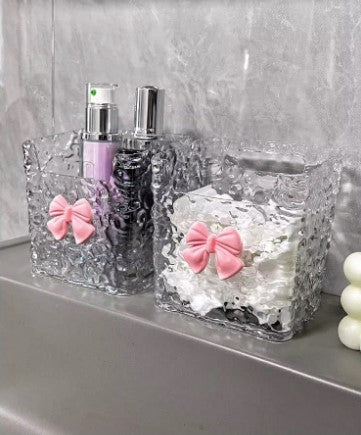 Acrylic Wall-Mounted Makeup Brush & Accessories Holder with Bow – Easy Adhesive Installation