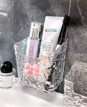 Acrylic Wall-Mounted Makeup Brush & Accessories Holder with Bow – Easy Adhesive Installation