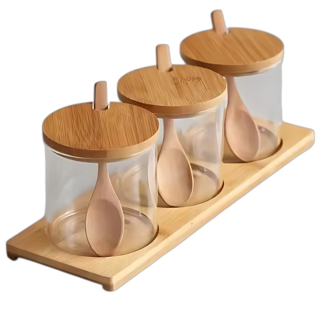 3-Piece Glass Jar Set with Bamboo Lids, Spoons & Tray – Ideal for Tea, Coffee, Sugar & Spices