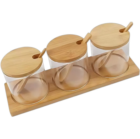 3-Piece Glass Jar Set with Bamboo Lids, Spoons & Tray – Ideal for Tea, Coffee, Sugar & Spices