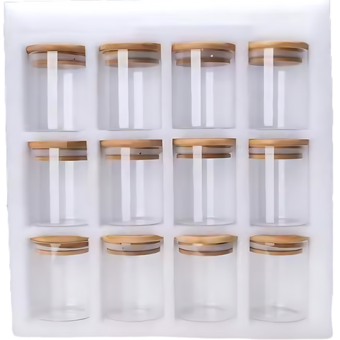 12-Piece Round Glass Spice Jar Set – 250ml with Airtight Bamboo Lids