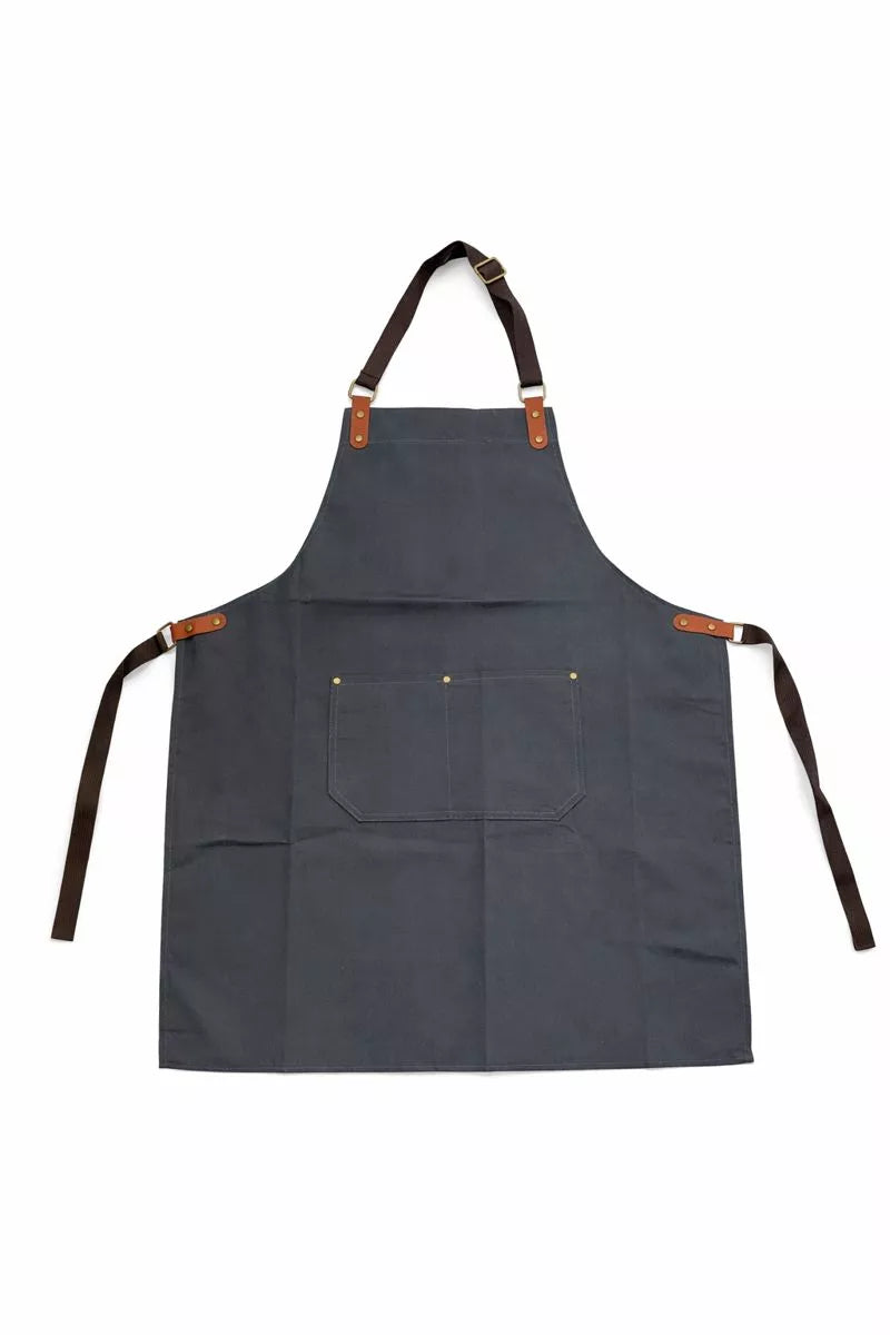 مريلة مطبخ قماش ثقيل لون رمادي غامق بأحزمة قابلة للتعديل – Dark grey heavy-duty fabric kitchen apron with adjustable straps by ILVIA