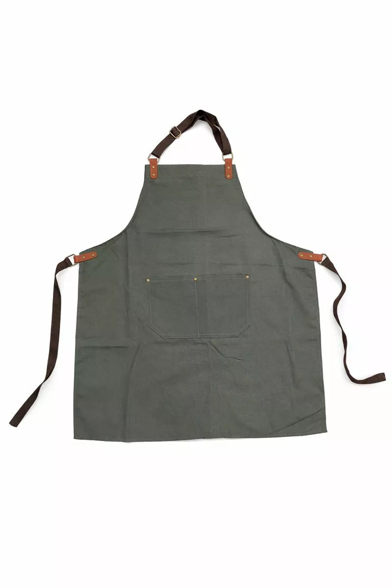 مريلة مطبخ قماش ثقيل لون زيتي مع جيوب أمامية – Olive heavy-duty fabric kitchen apron with front pockets