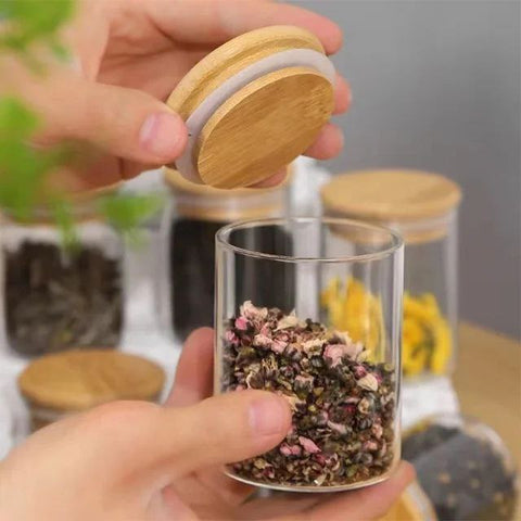 12-Piece Round Glass Spice Jar Set – 250ml with Airtight Bamboo Lids