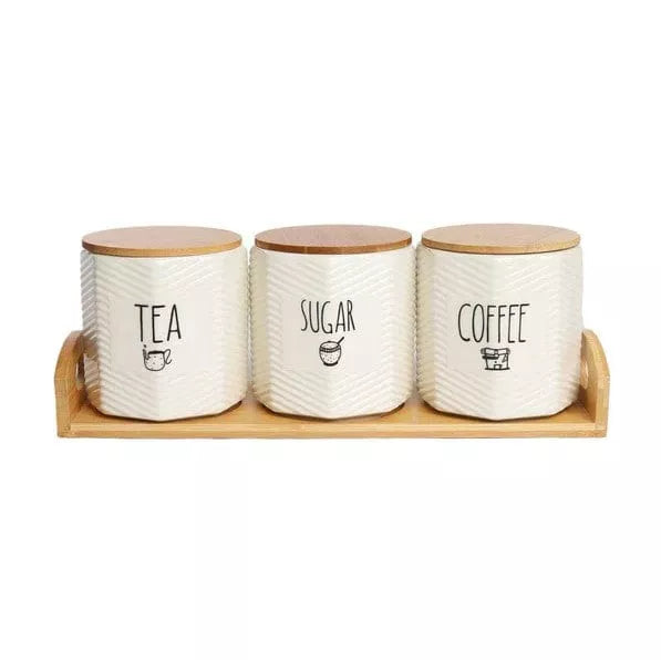 طقم برطمانات بورسلين للشاي والقهوة والسكر 3 قطع مع صينية خشب من ILVIA – 3-Piece Porcelain Tea, Coffee & Sugar Canister Set with Wooden Tray
