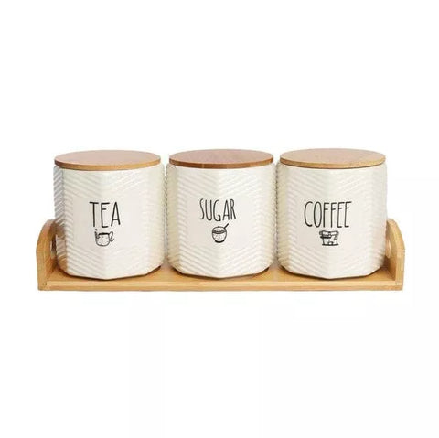 طقم برطمانات بورسلين للشاي والقهوة والسكر 3 قطع مع صينية خشب من ILVIA – 3-Piece Porcelain Tea, Coffee & Sugar Canister Set with Wooden Tray