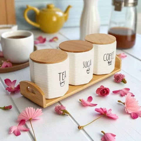 طقم برطمانات بورسلين مع صينية خشبية لتزيين المطبخ – Porcelain Canister Set with Wooden Tray for Kitchen Decor