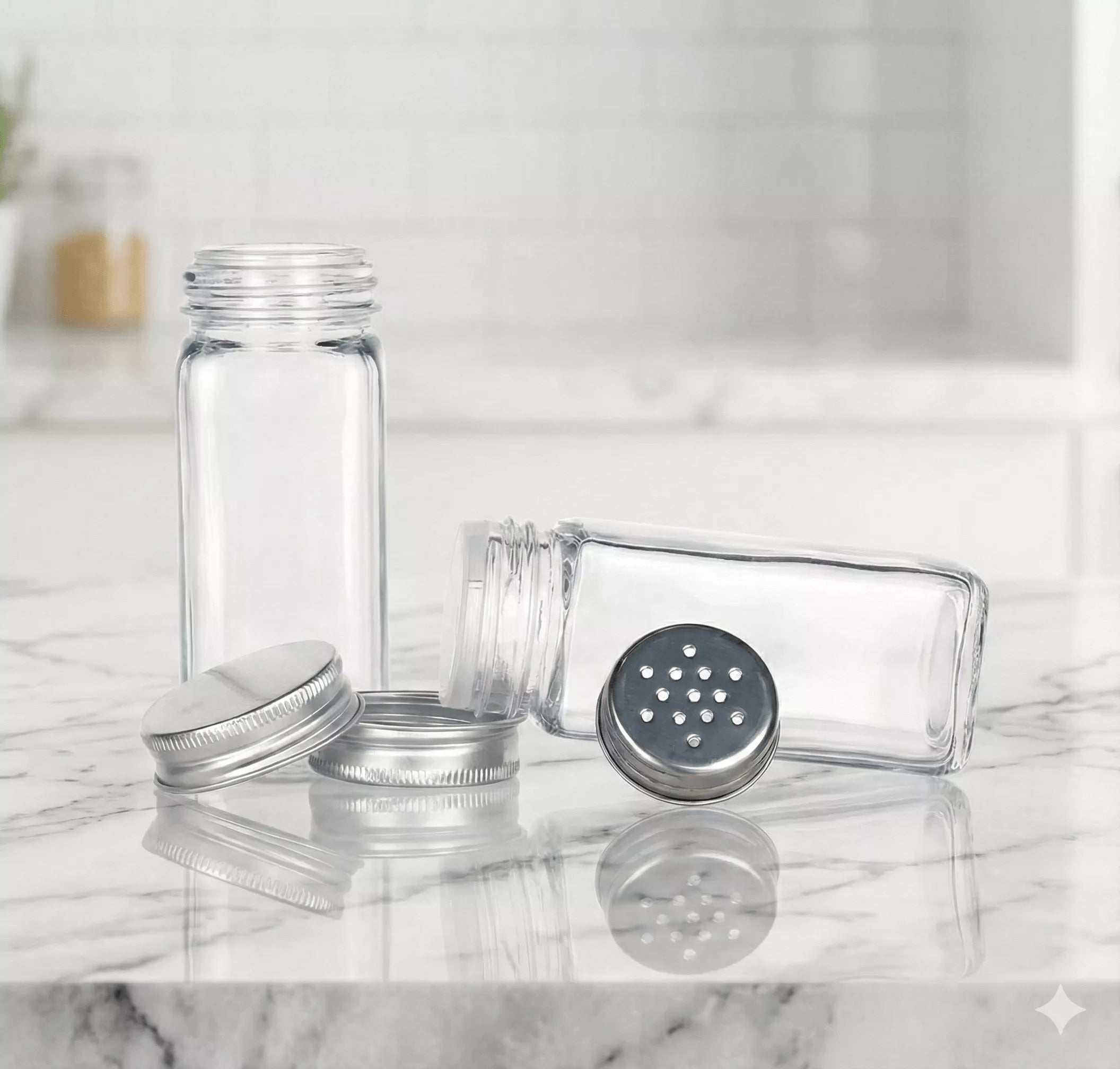غطاء الملاحات الزجاجية عن قرب – Close-up of Glass Shakers Lids – حماية التوابل من التراب والرطوبة
