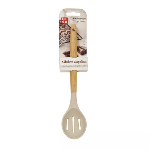 معلقة سيليكون بيد خشب داخل العبوة – Slotted silicone spoon with wooden handle packaging