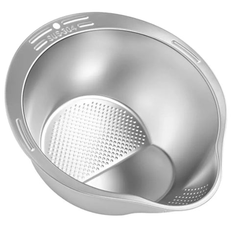 بُولة غسيل ستانلس ستيل من الأعلى – Stainless Steel Washing Bowl Top View – تصميم عميق ومصفاة جانبية مدمجة