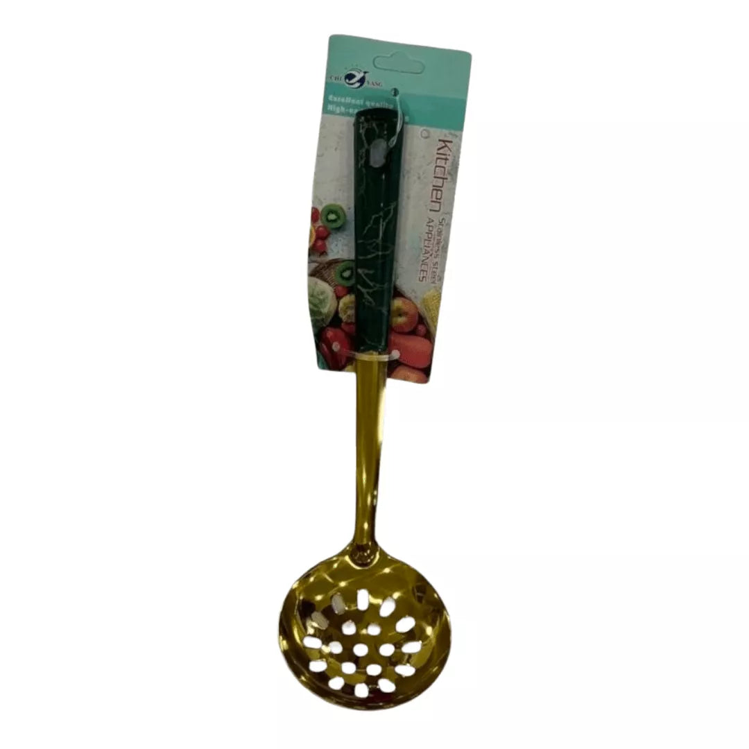 مغرفة تقديم بفتحات ستانلس ستيل ذهبي بمقبض رخامي (أسود – وردي – أخضر زيتوني)