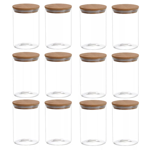 طقم برطمانات توابل زجاج مدوّر – 12 قطعة (250 مل) بأغطية بامبو محكمة الغلق